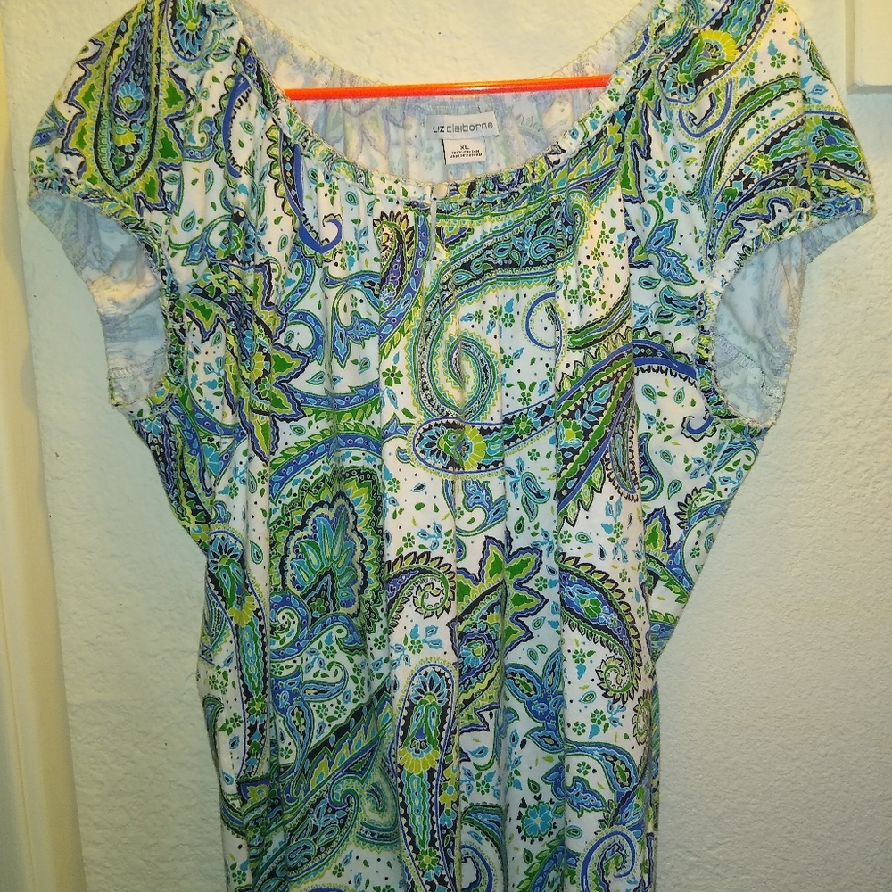 Liz Claiborne short sleeve top green blue XL